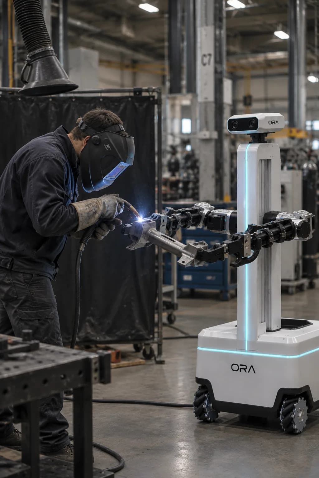 Ora mobile robot handing a cardboard box to a warehouse operator at a conveyor