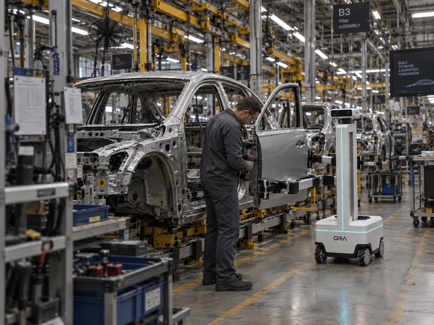 Ora mobile robot holding a car door while a technician fits it on an automotive assembly line